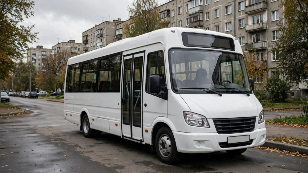 Біла маршрутка на вулиці Кривого Рогу на тлі житлових будинків