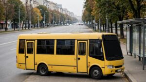 Жовта маршрутка стоїть на зупинці біля дороги з деревами та будинками