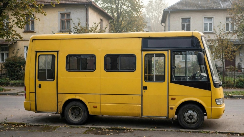 Жовта маршрутка стоїть на узбіччі вулиці біля старих будинків
