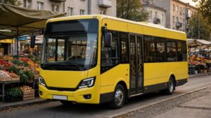 Жовтий автобус стоїть на вулиці біля ринку з овочами та фруктами.