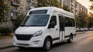 Біла маршрутка стоїть на узбіччі дороги біля житлових будинків