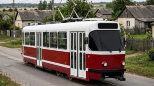 Червоно-білий трамвай на рейках у сільській місцевості