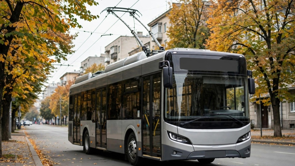 Сучасний тролейбус сірого кольору на вулиці восени