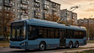 Сучасний тролейбус на вулиці міста на тлі житлових будинків