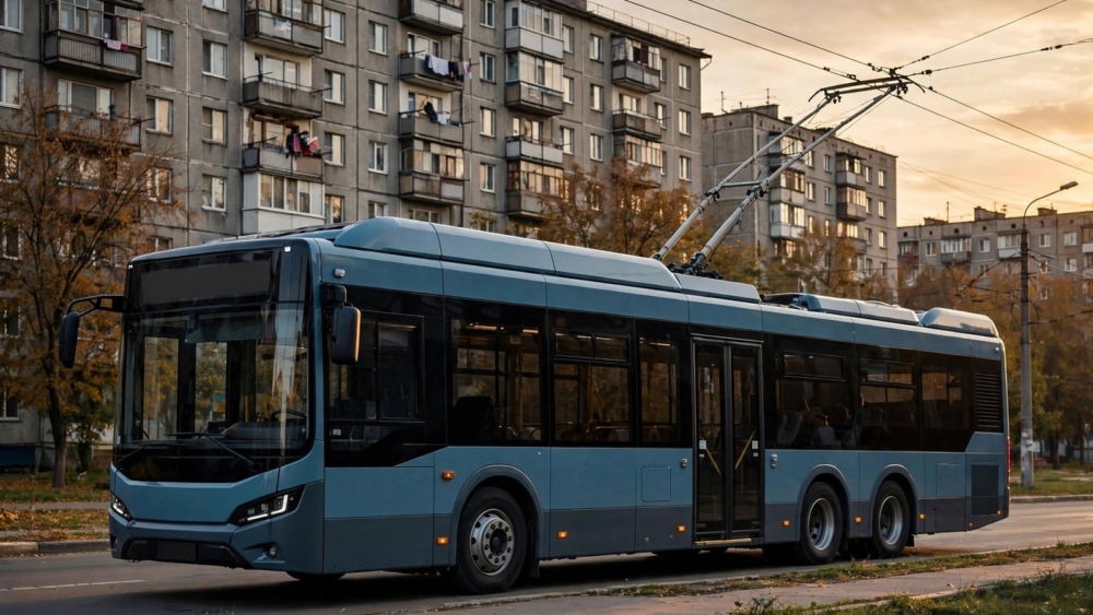 Сучасний тролейбус на вулиці міста на тлі житлових будинків